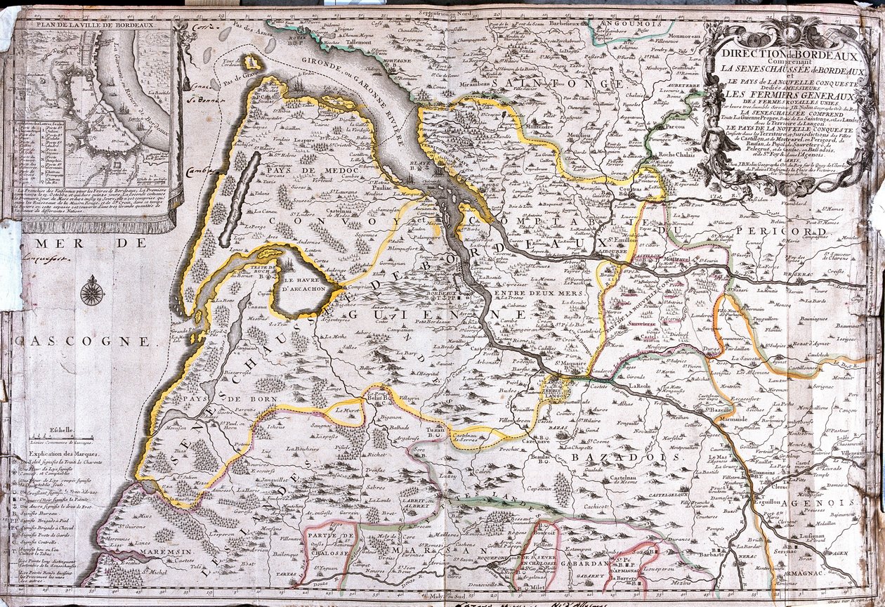 Bordeaux (Fransa) çevresinin haritası (Gravür by Jean Baptiste Nolin
