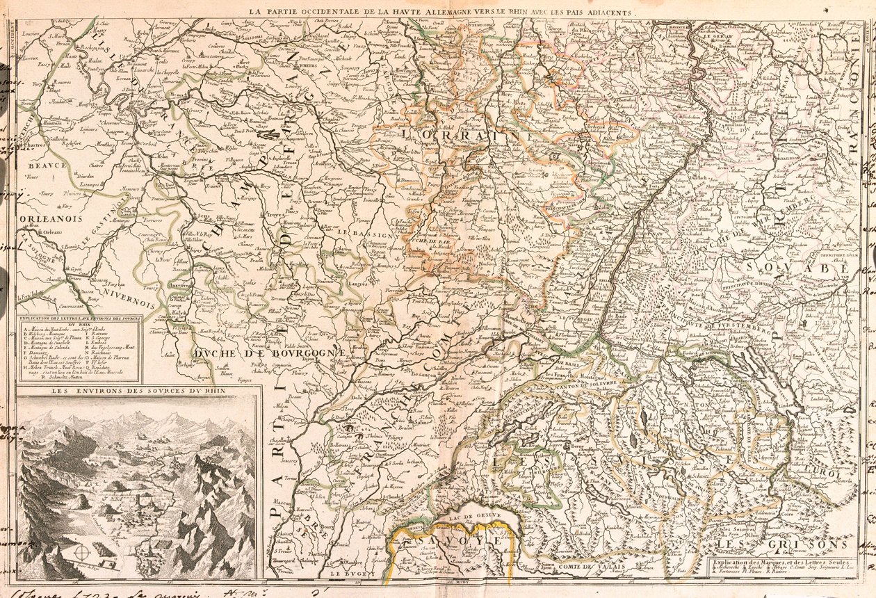 Ren (Almanya, İsviçre, Fransa) çevresindeki bölgenin haritası (Gravür by Jean Baptiste Nolin