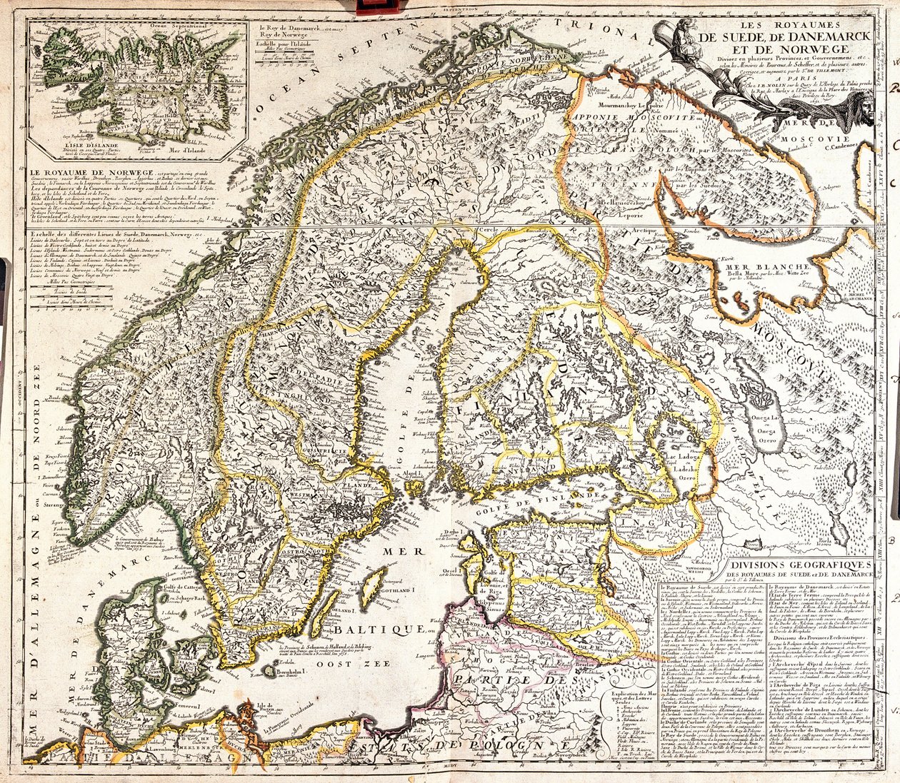 Norveç, İsveç ve Danimarka krallıklarının haritası (Gravür by Jean Baptiste Nolin