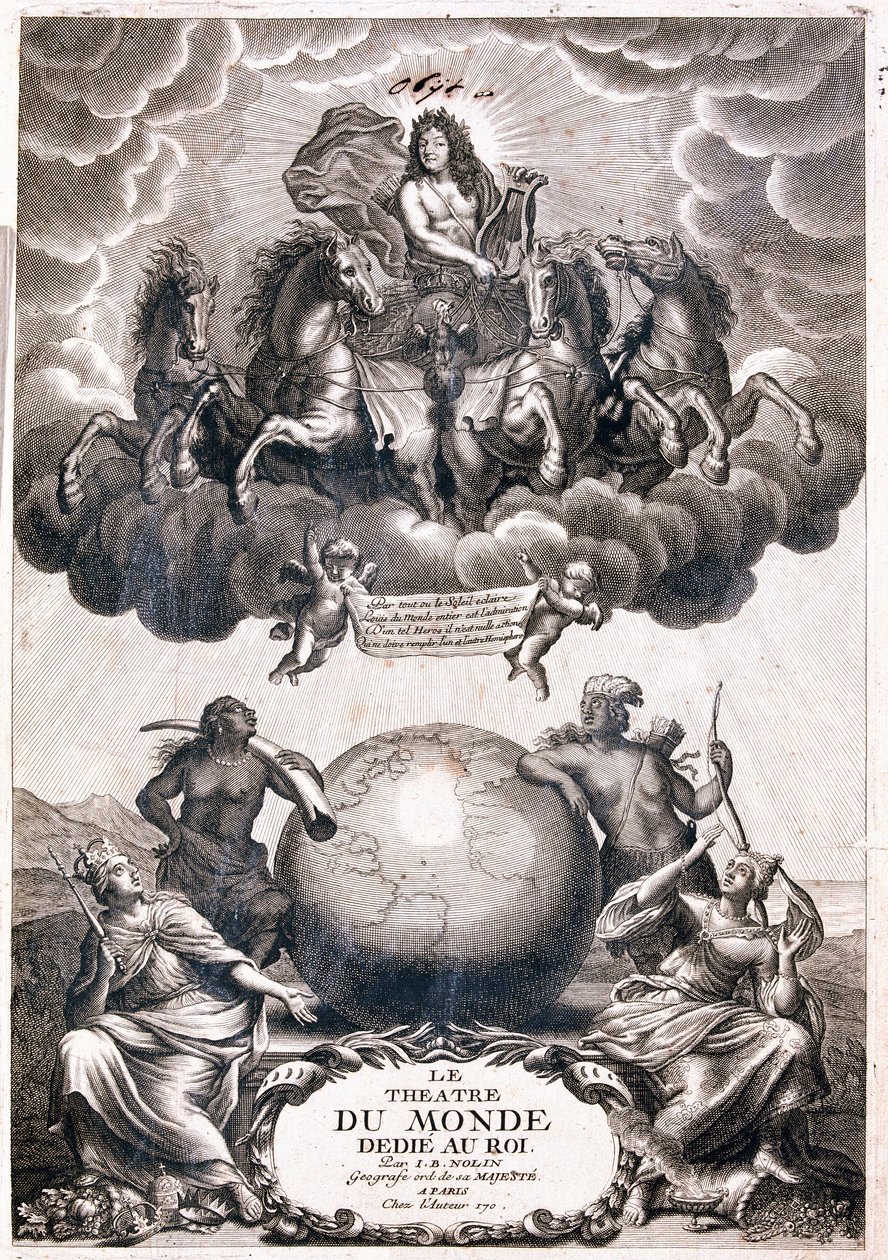 Bir karasal küre üzerinde uçan Louis XIV portresi, başlık sayfası (Gravür by Jean Baptiste Nolin