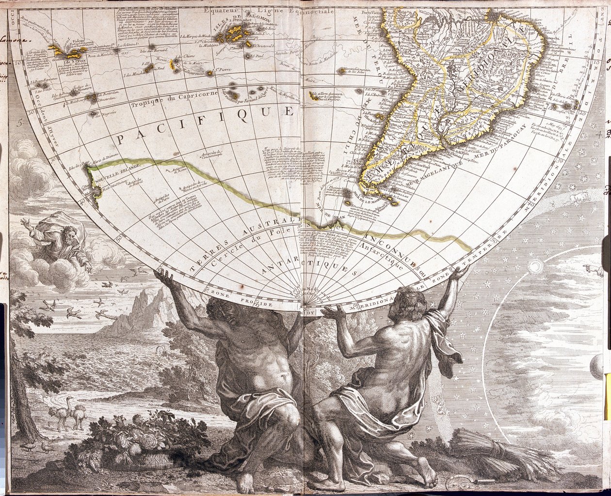 İki adam, Güney Amerika haritasıyla dünyevi gidişi destekliyor (gravür by Jean Baptiste Nolin