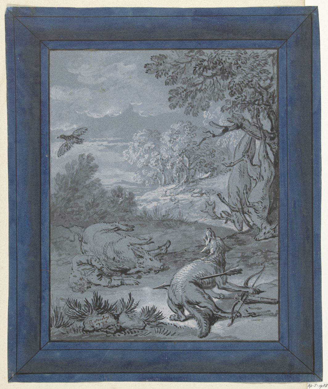 Kurt ve Avcı / Le Loup et le Chasseur Jean de la Fontaine tarafından Fabllar için İllüstrasyonlar (seri başlığı) by Jean Baptiste Oudry