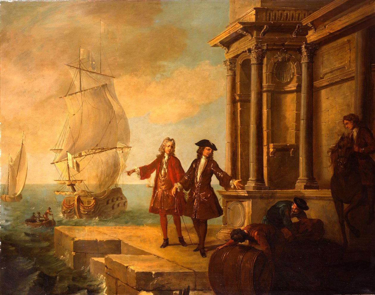 Avrupa - iskelede bir varil ve bir balyayı elleçleyen stevedorlu Avrupalı tüccarlar, 1724 by Jean Baptiste Oudry