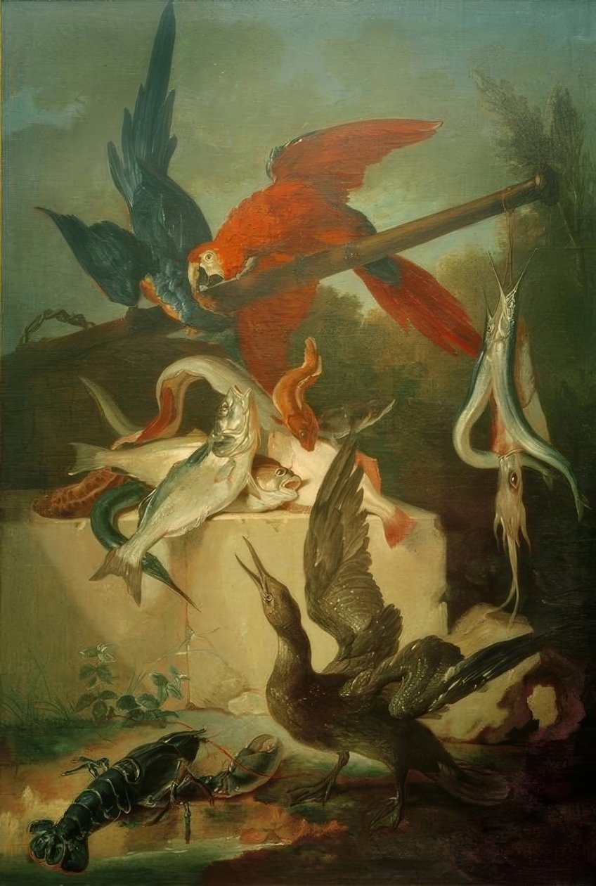 Balık, deniz kuşları ve papağanlar by Jean Baptiste Oudry