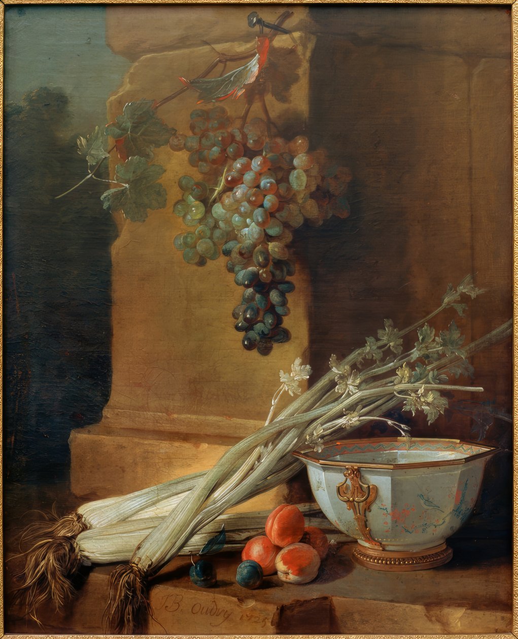 Meyve, kereviz ve bir fincan por ile natürmort by Jean Baptiste Oudry