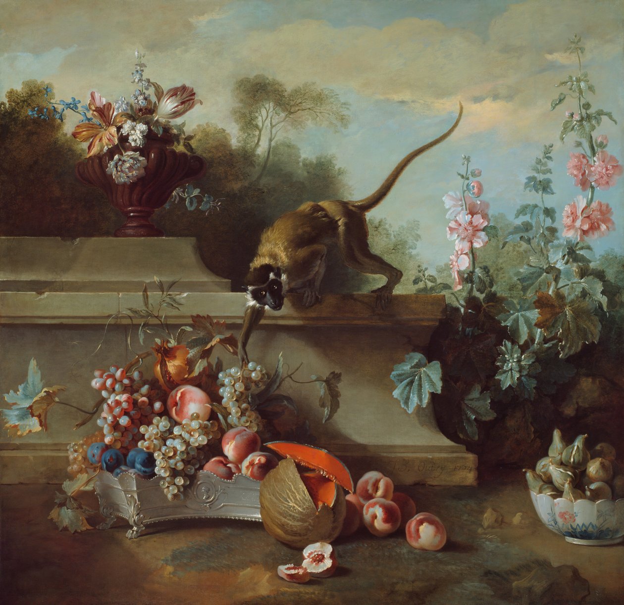Maymun, Meyve ve Çiçeklerle Natürmort, 1724. by Jean Baptiste Oudry