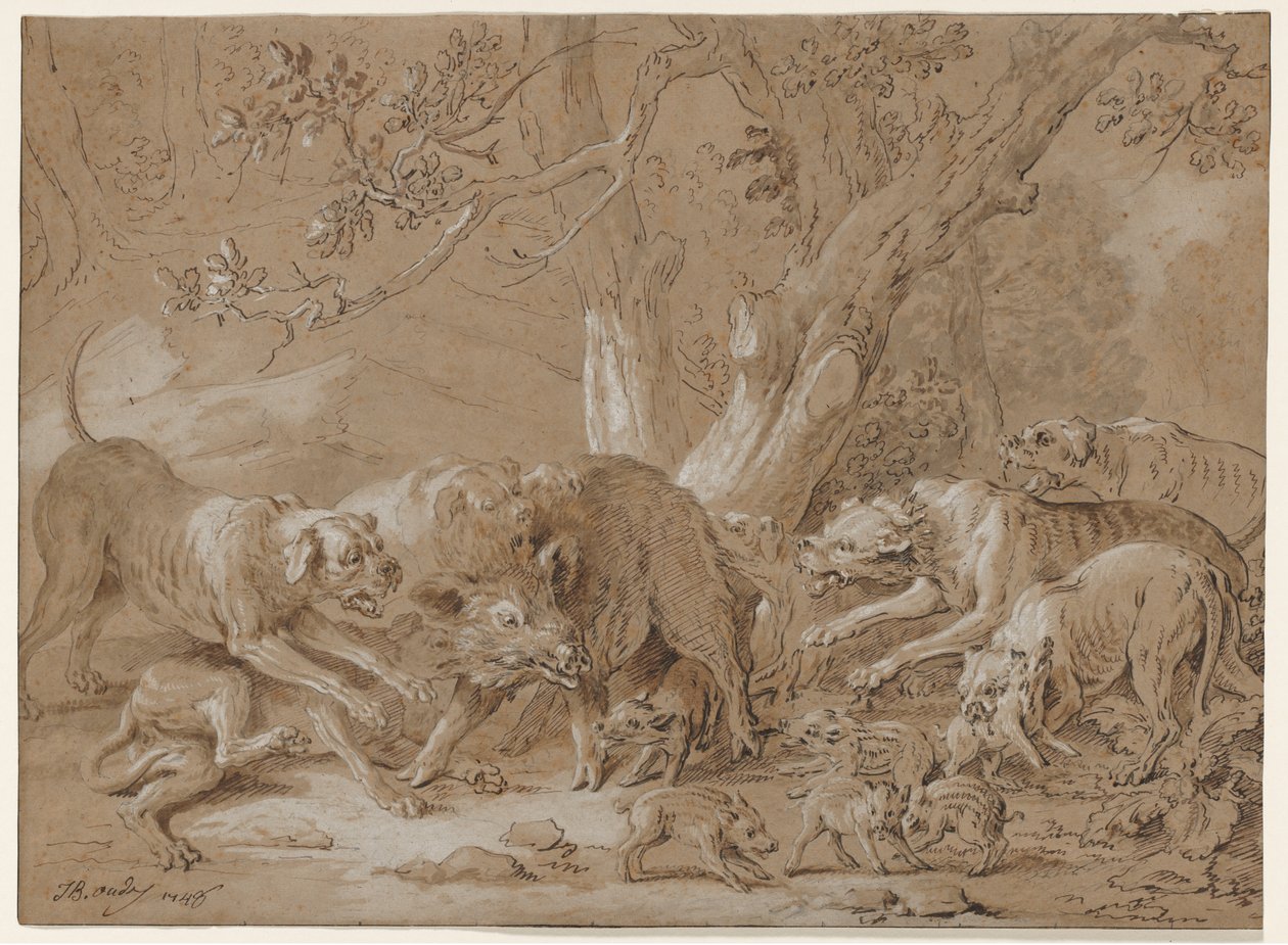 Yabani Domuz ve Yavrusu Köpekler Tarafından Saldırıya Uğradı, 1748. by Jean Baptiste Oudry