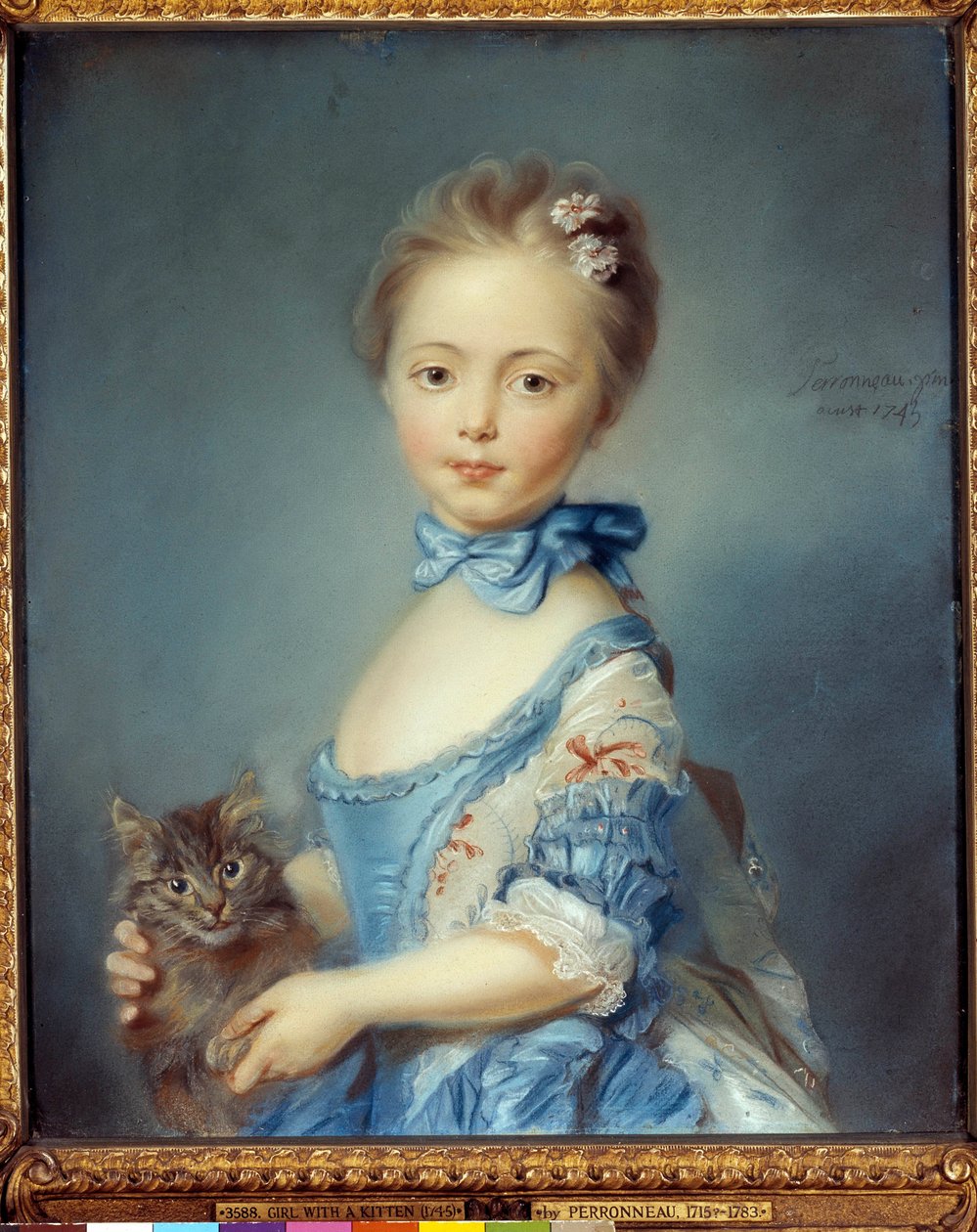 Jean-Baptiste Perroneau (Jean Baptiste Perronneau) (1715-1783) tarafından bir kedi ile genç kızın portresi Pastel boyama by Jean Baptiste Perronneau
