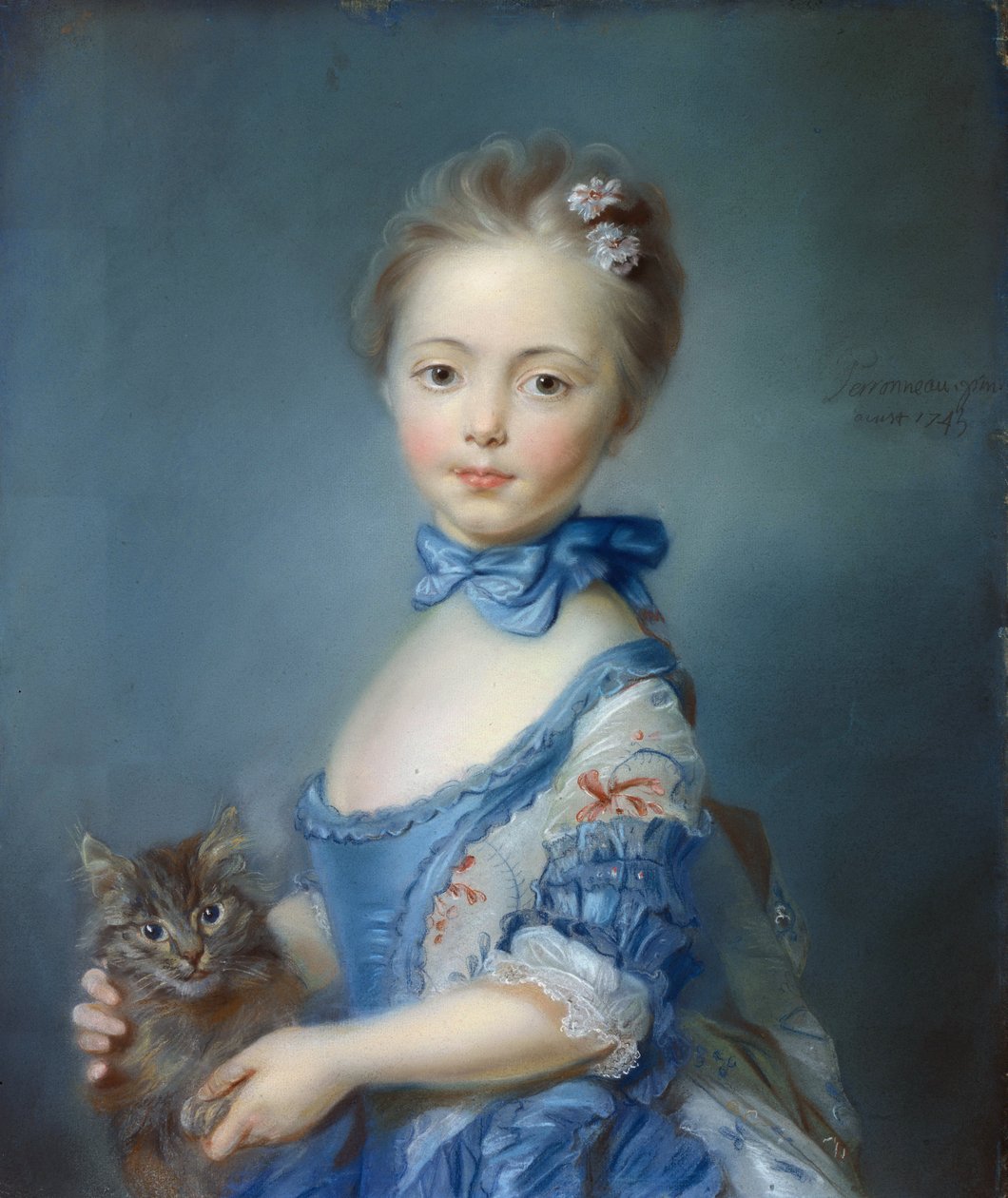 Kedili genç kızın portresi” Jean-Baptiste Perroneau'nun (Jean Baptiste Perronneau) pastel resmi (1715-1783) by Jean Baptiste Perronneau