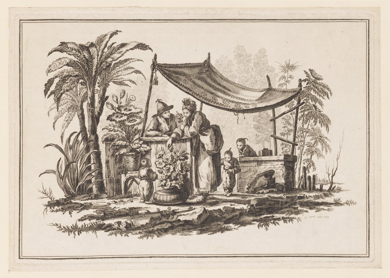 "Farklı Tarihsel Çin Konularından Altı Sayfalık Yeni Defter"den Vazoda Çiçekli Figürler by Jean Baptiste Pillement