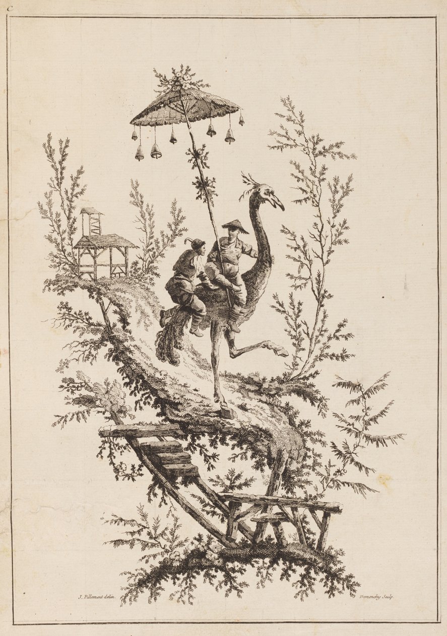 Devekuşu Binicileri, Chinoiserie Temsilleri Setinden Plaka by Jean Baptiste Pillement