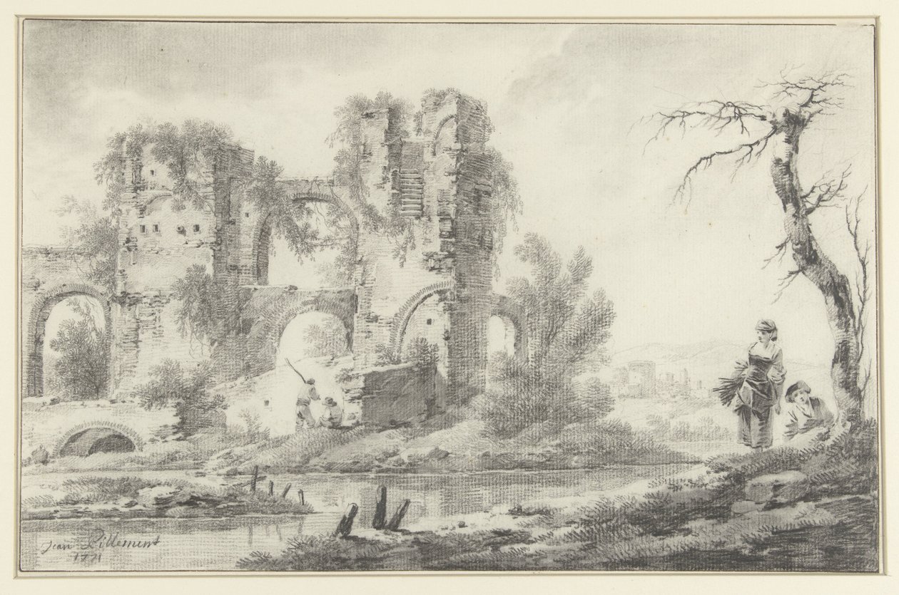 Sağda bir erkek ve bir kızla bir nehirde harabe by Jean Baptiste Pillement