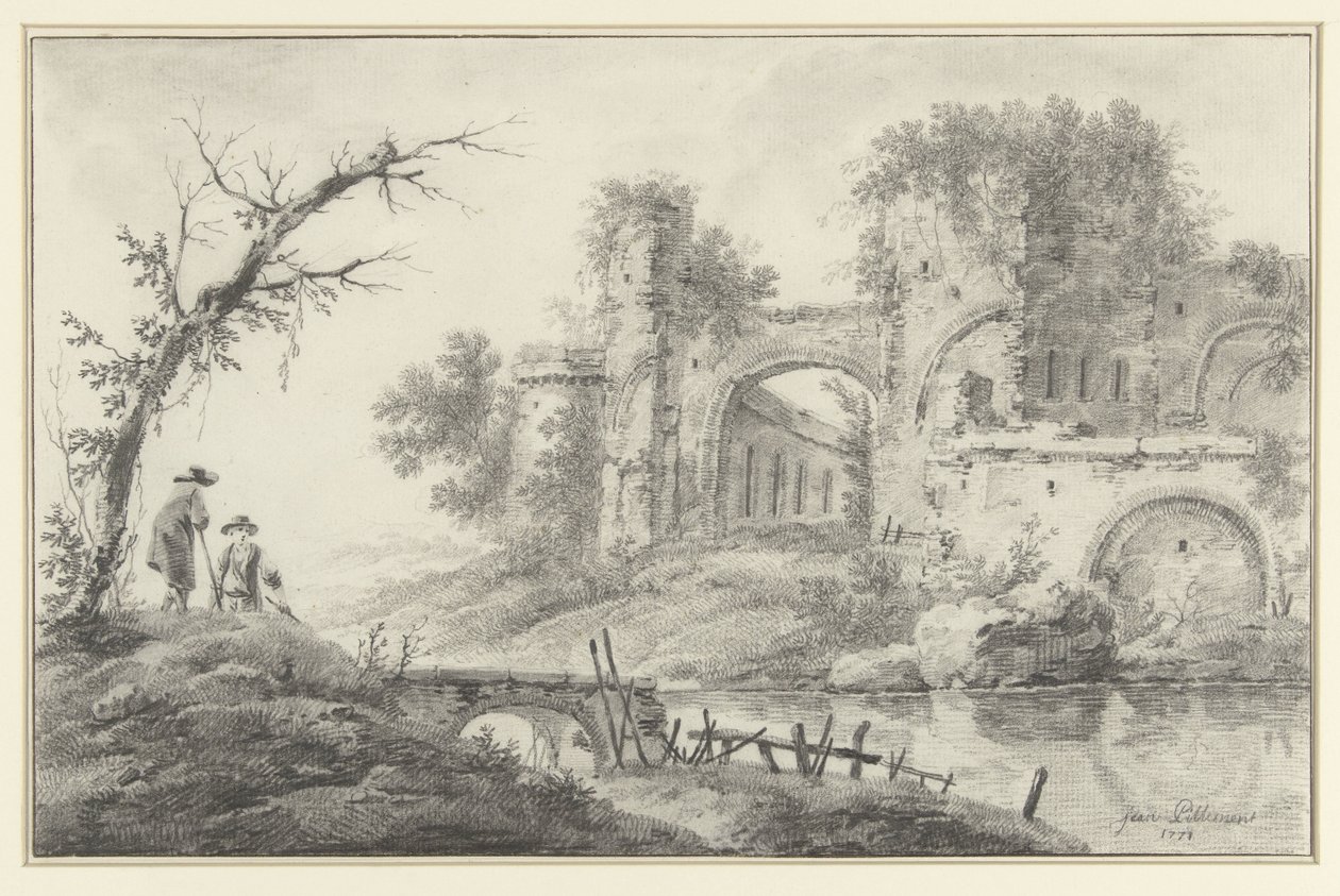 İki köylü ile bir nehirde harabe by Jean Baptiste Pillement
