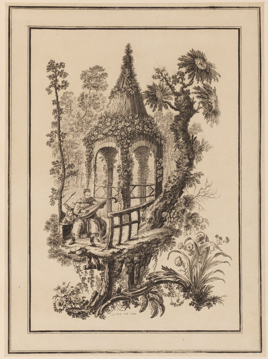 Ağaçlı Yapının Önünde Üç Figür by Jean Baptiste Pillement