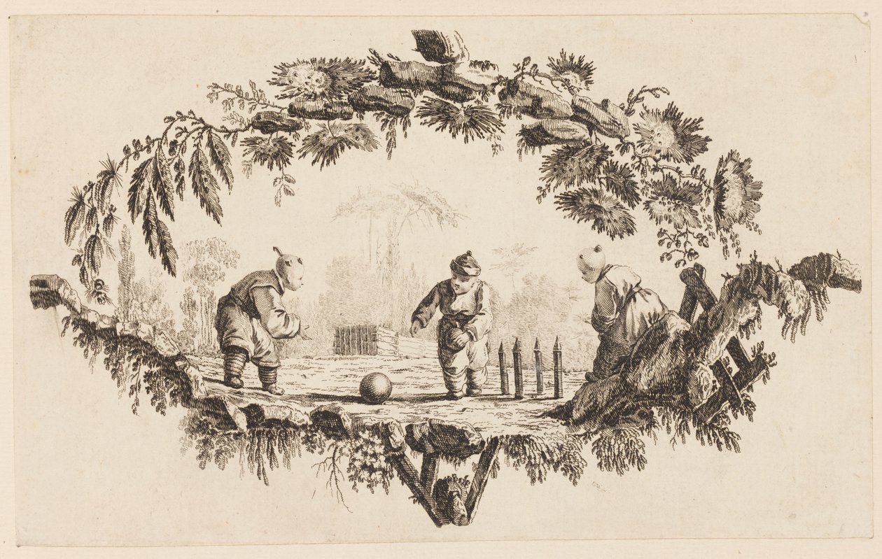"Çeşitli Çin Çocuk Oyunları Koleksiyonu"ndan Topla Oynayan Üç Figür by Jean Baptiste Pillement