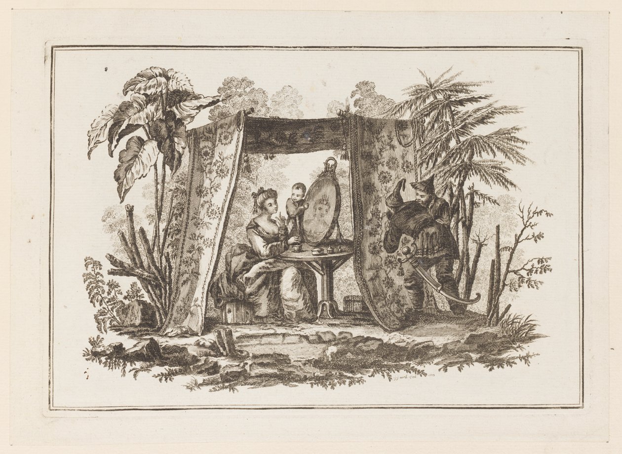 "Farklı Tarihsel Çin Konularından Altı Sayfalık Yeni Defter"den Aynaya Bakan Kadınlar by Jean Baptiste Pillement