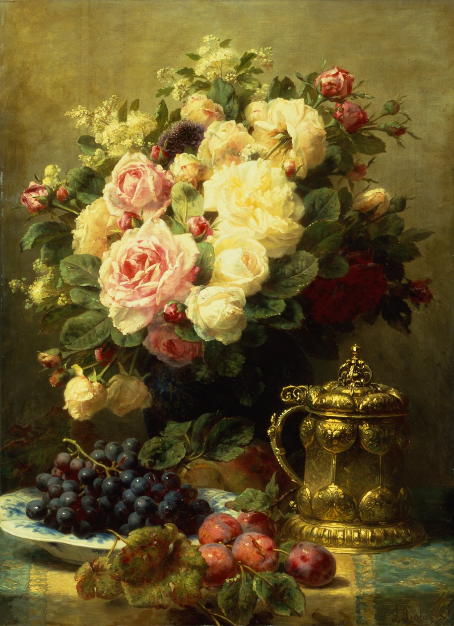 Masada Gül Vazosu ve Makarna (tuval üzerine yağlı boya) by Jean Baptiste Robie