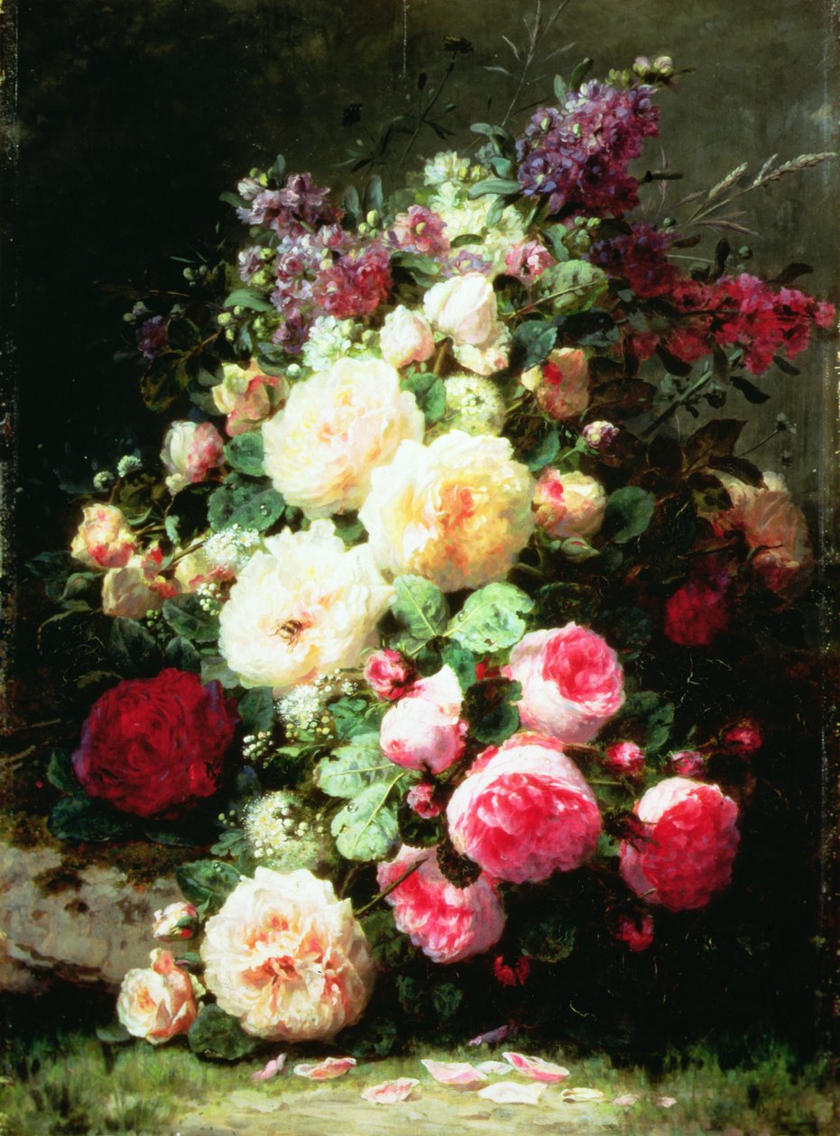 Yosunlu Bankada Güllü Natürmort (panelde yağlı boya) by Jean Baptiste Robie