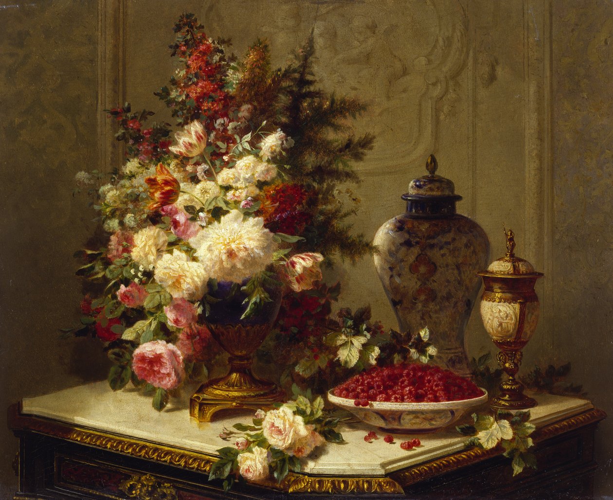 Çiçekler ve ahududu ile natürmort (panelde yağ) by Jean Baptiste Robie