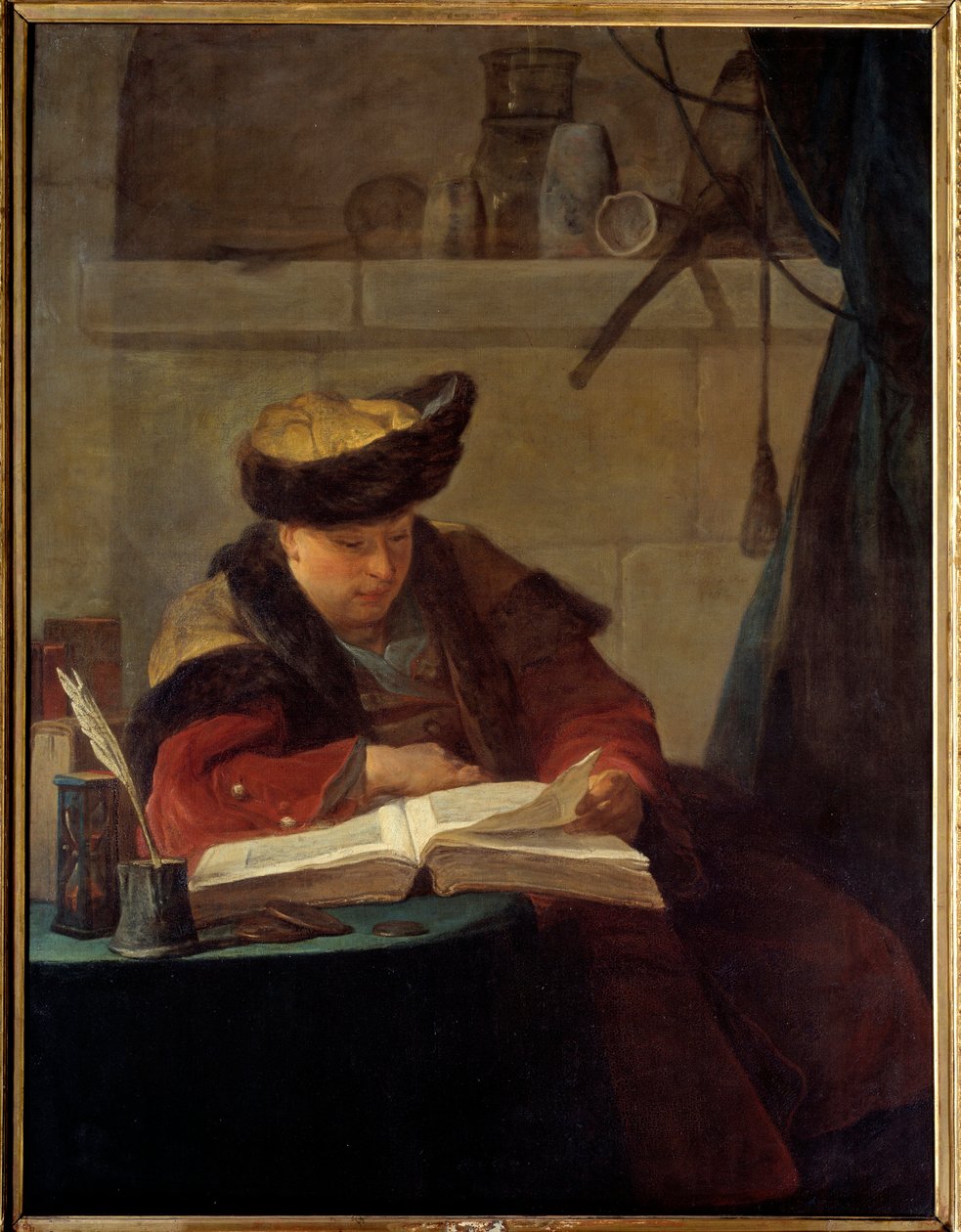 Laboratuvarındaki bir kimyager veya bir filozof okumasını meşgul eder. Camelot veya Avet le Batave (1702-1766) olarak bilinen ressam Jacques Andre Joseph Ave