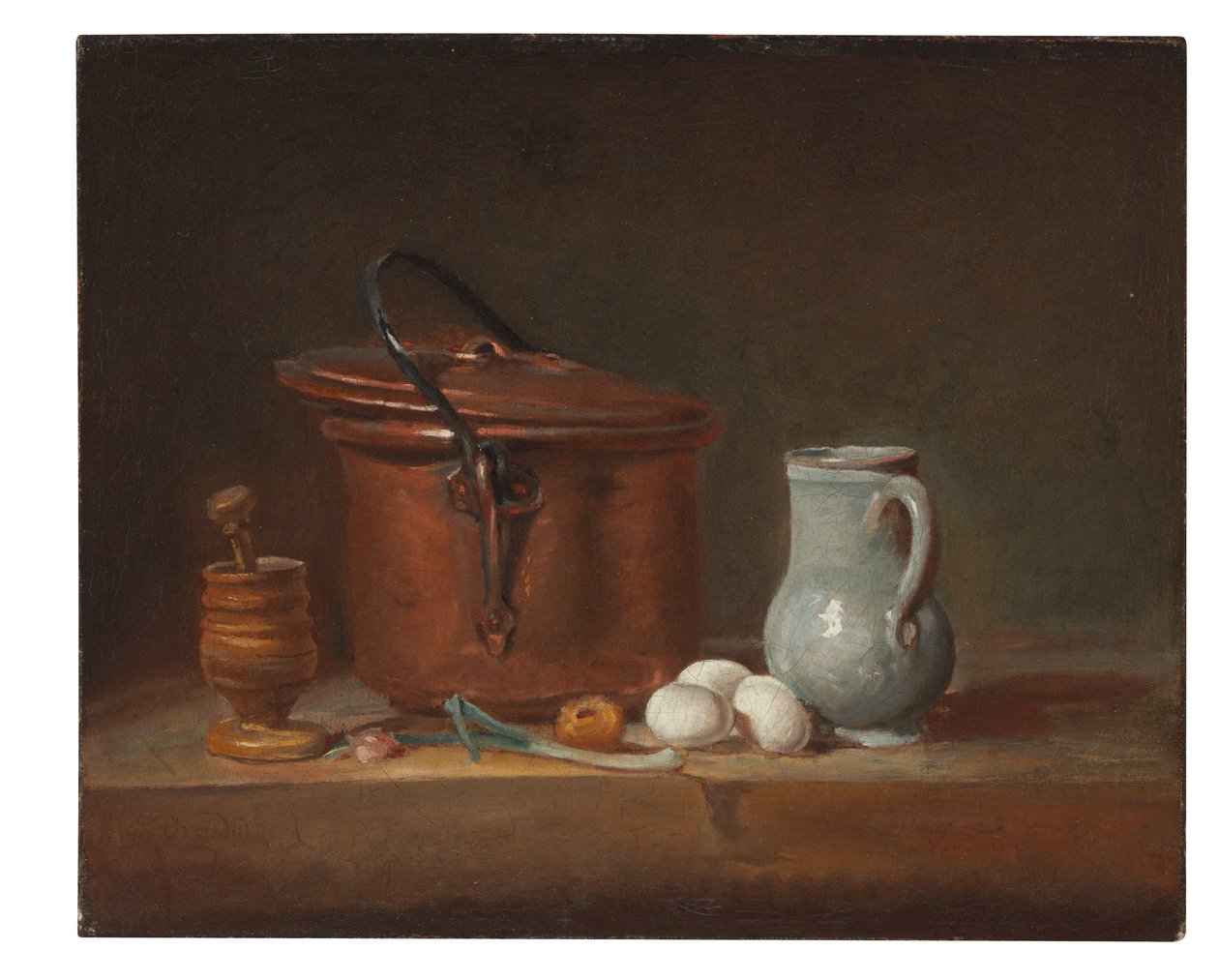 Bir rafta bakır bir tencere, havan ve havan, sürahi, yeşil soğan, yumurta ve soğan by Jean Baptiste Simeon Chardin