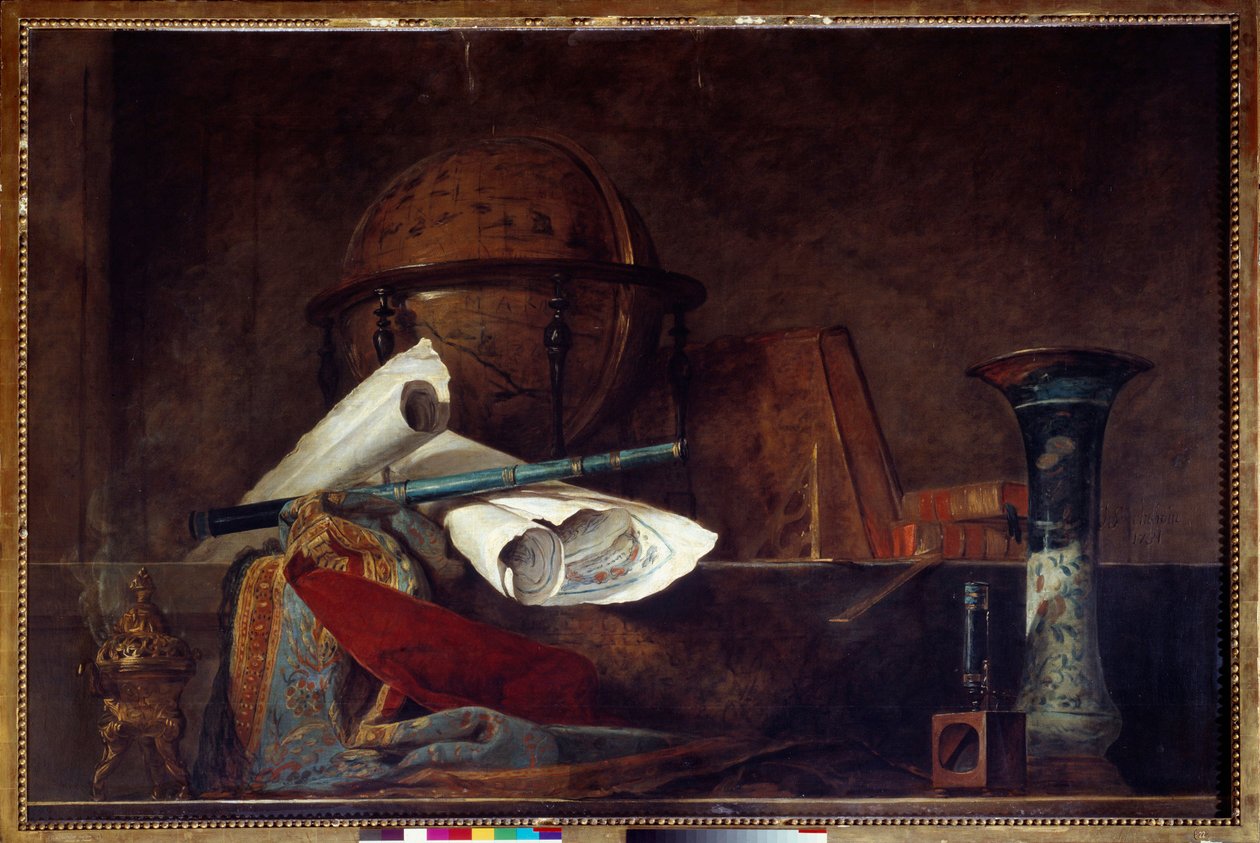 Bilim alegorisi Natürmort, küre, coğrafi haritalar, kitaplar ve vazo. Jean Baptiste Simeon Chardin