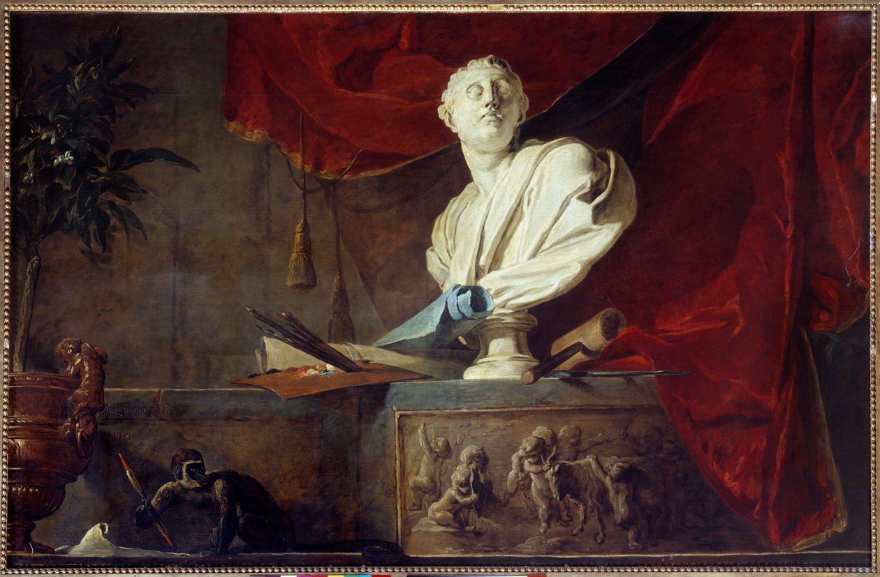 Sanatın Alegorisi Natürmort heykel büstü, palet ve fırçalar, tuval, rulo. Jean Baptiste Simeon Chardin