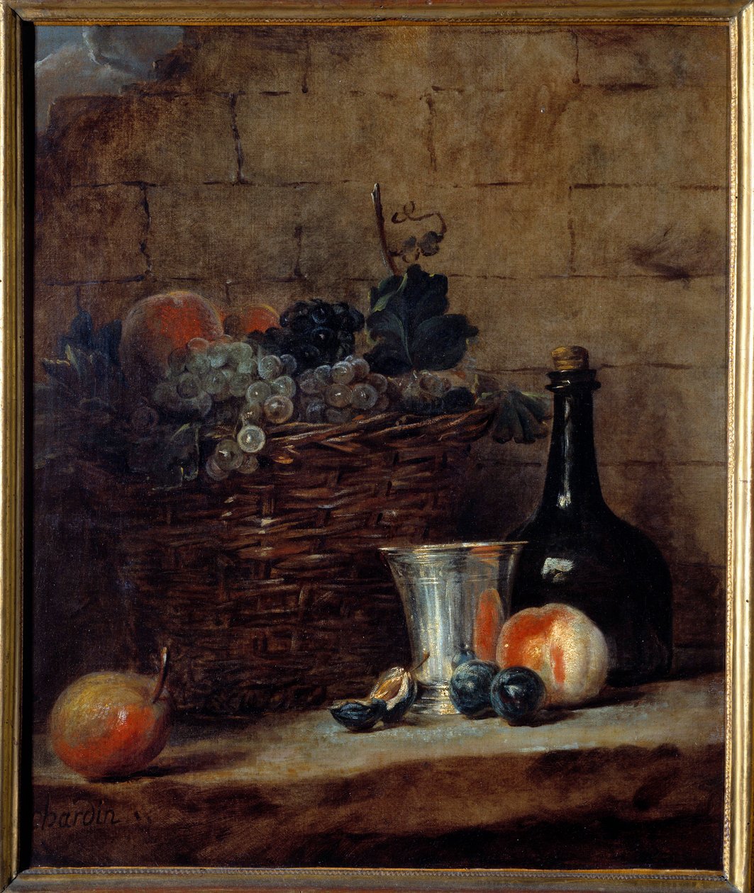 Beyaz ve siyah üzüm sepeti, gümüş fincan ve şişe Tablo Jean Baptiste Simeon Chardin (1699-1779) 18. yüzyıl Güneşi. 0,69x0,58 m by Jean Baptiste Simeon Chardin