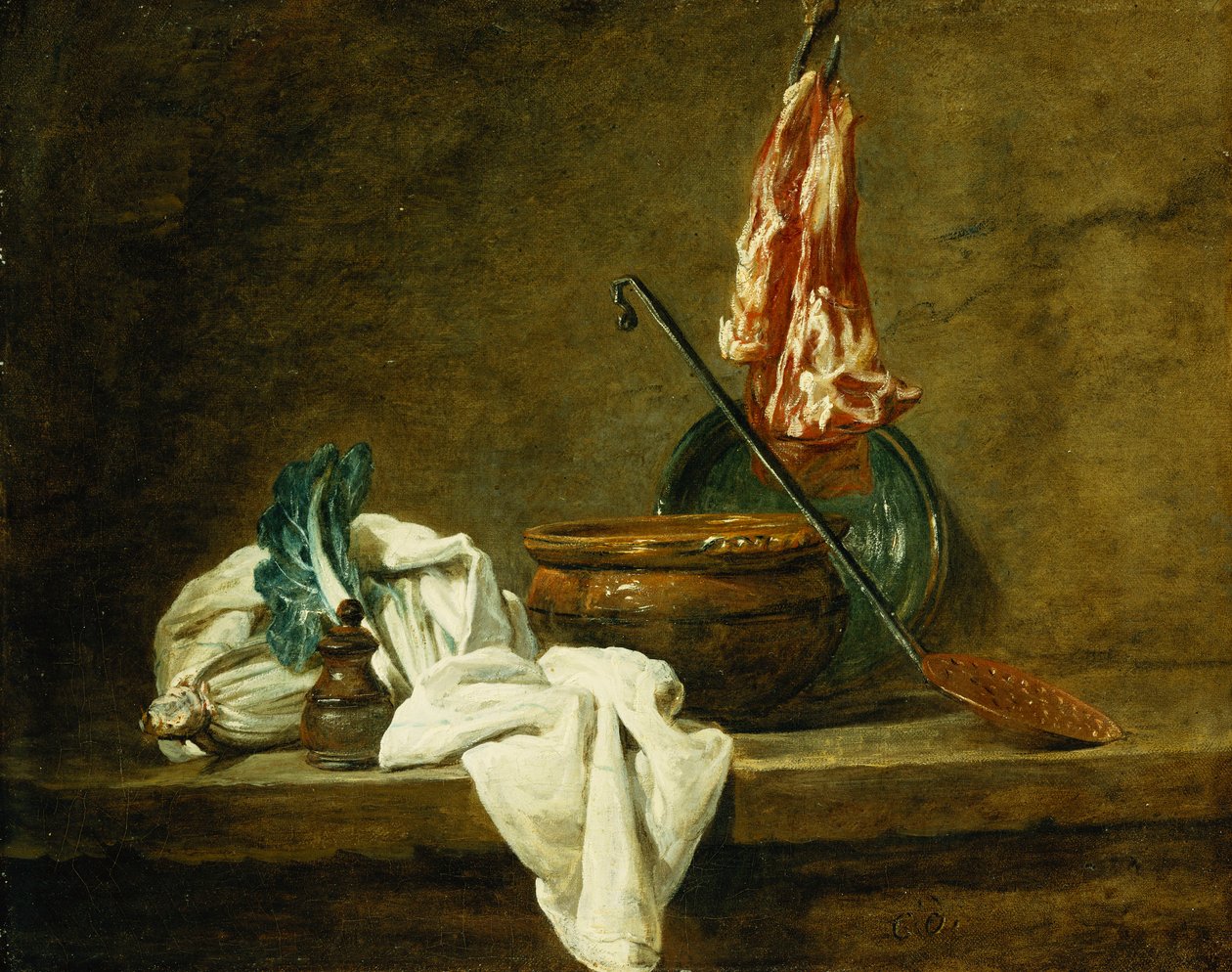 Pancar, Baharatlık, Bulaşık Bezi, Tencere, Sırlı Toprak Tabak, Sıyırıcı, Kancada Etli, Çıkıntıda, 1734 by Jean Baptiste Simeon Chardin