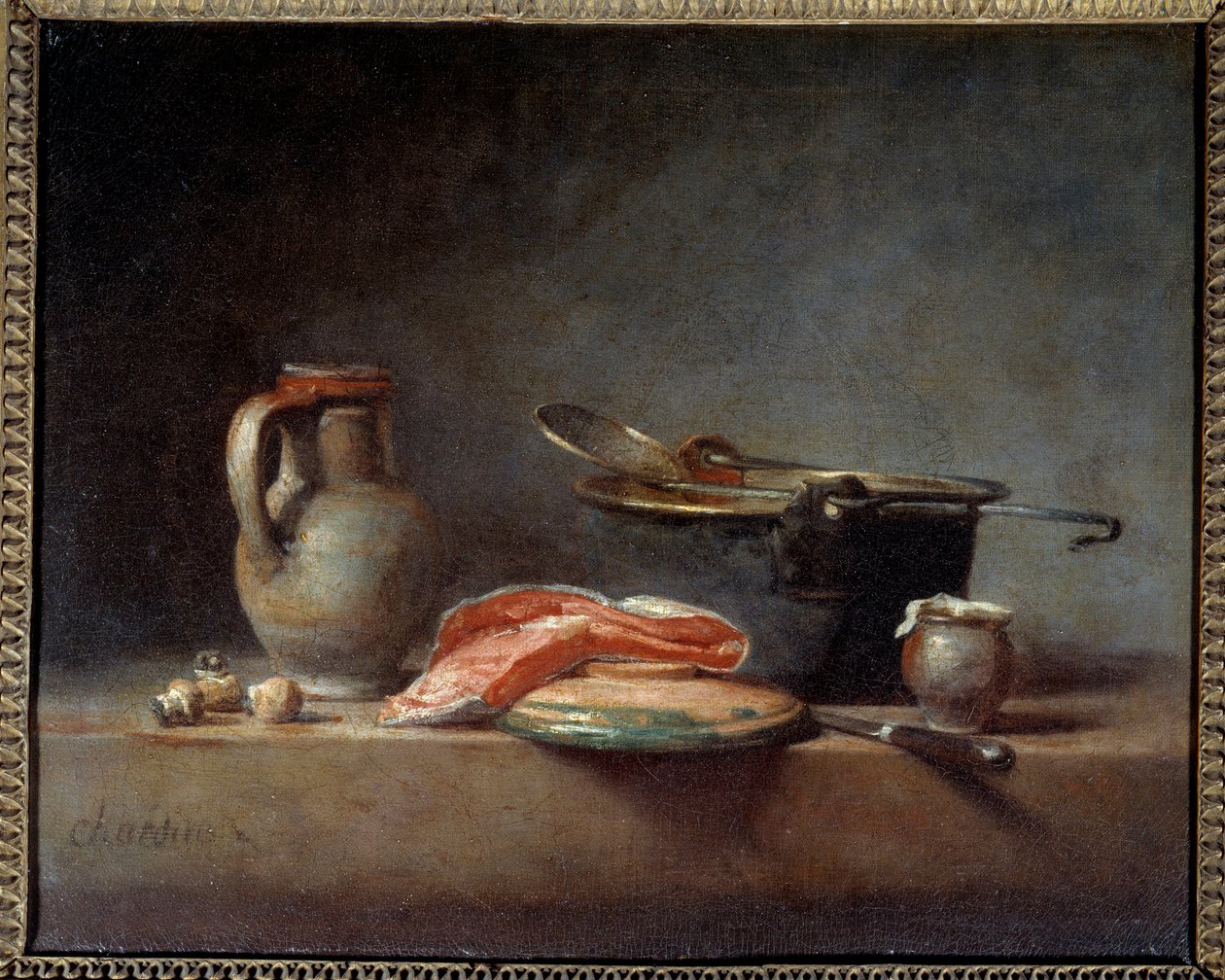Bakır kap, sıyırıcı, sürahi ve somon dilimi. Natürmort. Jean Baptiste Simeon Chardin (1699 - 1779) by Jean Baptiste Simeon Chardin