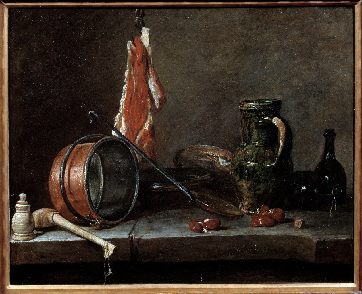 Yağ menüsü ve mutfak eşyaları. Natürmort. Jean Baptiste Simeon Chardin