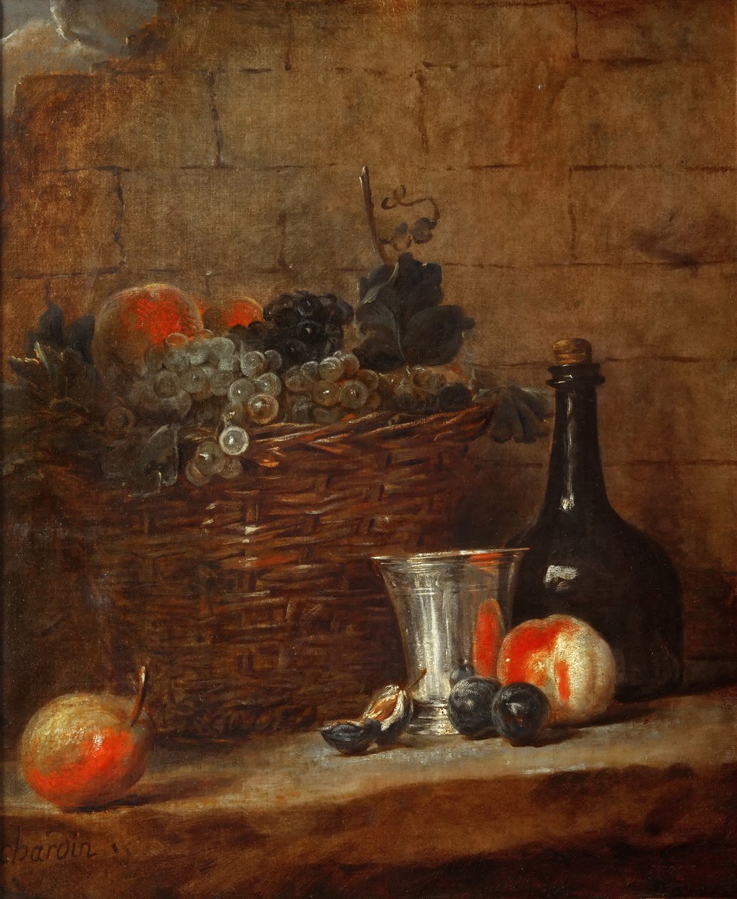 Üzümlü Meyve Sepeti, Gümüş Kadeh ve Şişe, Şeftali, Erik ve Armut by Jean Baptiste Simeon Chardin