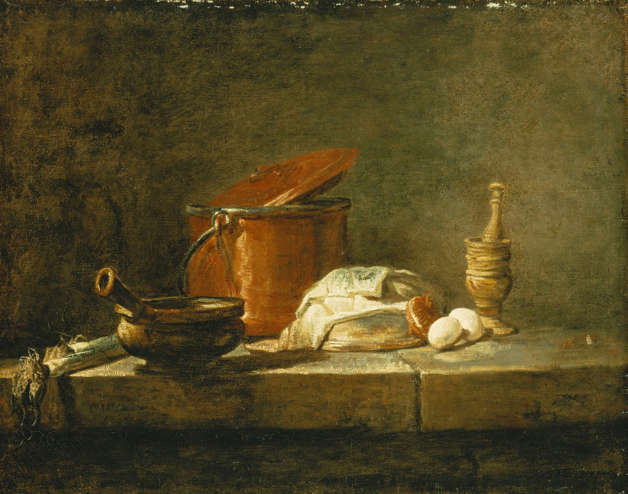 Pırasa, Güveç, Kapaklı Bakır Tencere, Bir Dilim Balık, Bir Soğan ve İki Yumurta, Havanlı Havanlı, Çıkıntılı, 1734 by Jean Baptiste Simeon Chardin