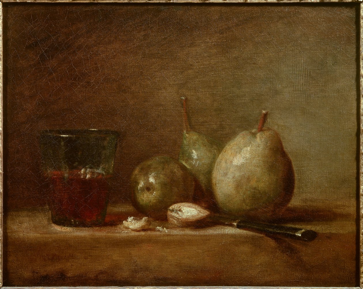 Armut, fındık ve bir kadeh şarap. Natürmort. Jean Baptiste Simeon Chardin