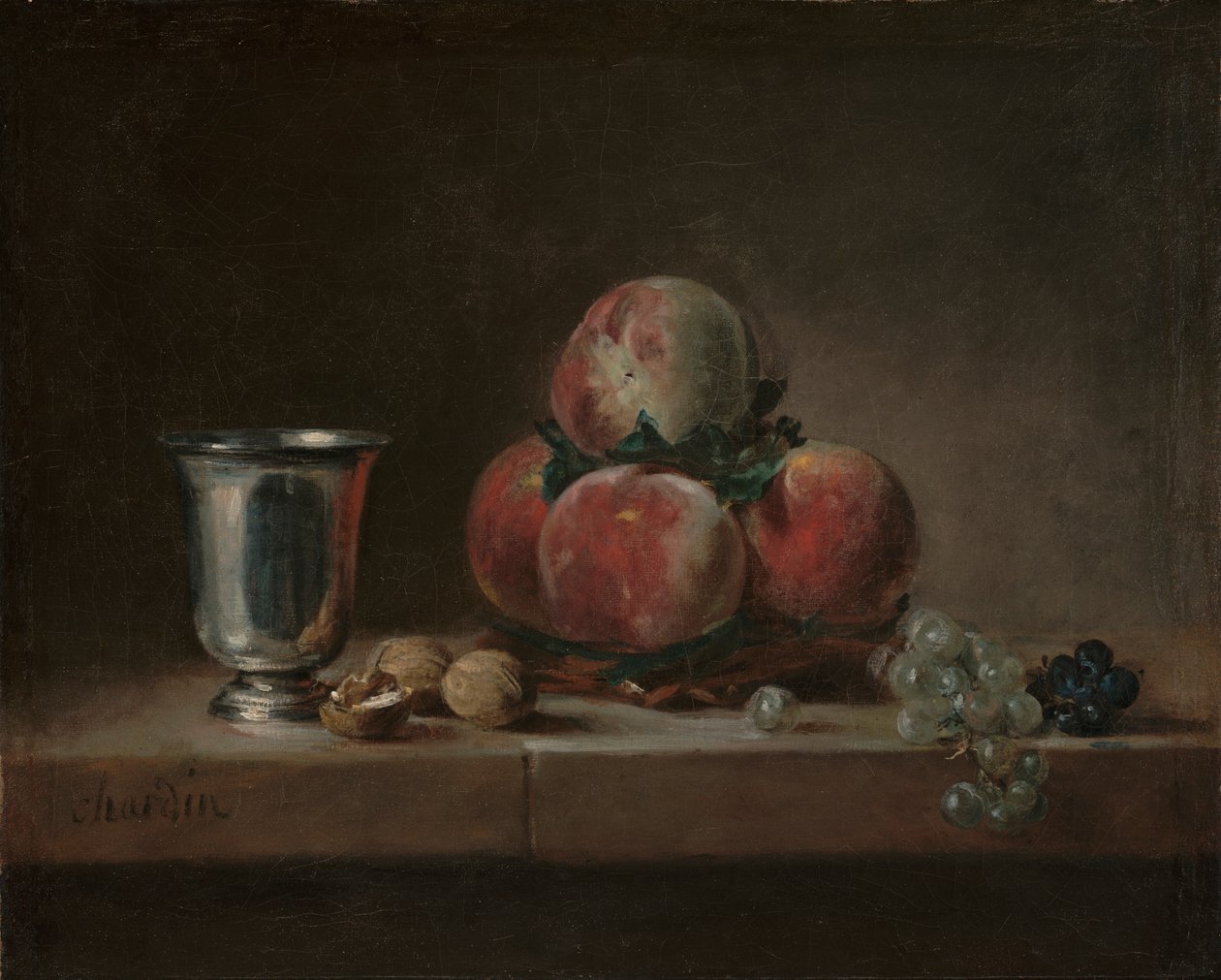 Şeftali, Gümüş Kadeh, Üzüm ve Cevizli Natürmort, c.1759-60 (tuval üzerine yağlı boya) by Jean Baptiste Simeon Chardin
