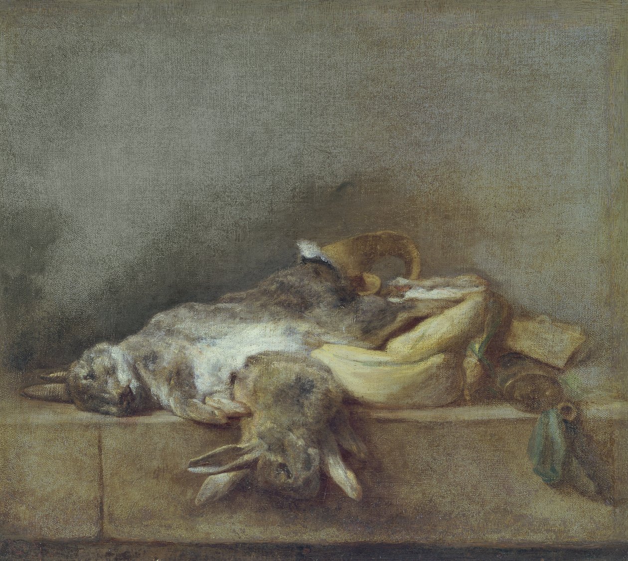 Tavşanlar, Oyun Çantası ve Toz Boynuzlu Natürmort, c.1755 by Jean Baptiste Simeon Chardin