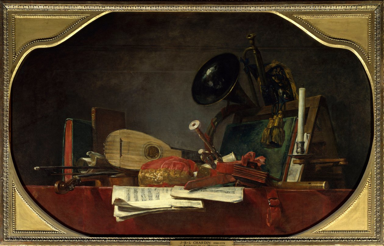 Natürmort müziğinin özellikleri, nota, keman, mandore, mahkeme museti, traversiye flüt, korno ve trompet ile. Jean Baptiste Simeon Chardin (1699-1779) 1765 Sun tarafından tablo. 0,91 x 1,45 m Paris, Musee du Louvre. by Jean Baptiste Simeon Chardin