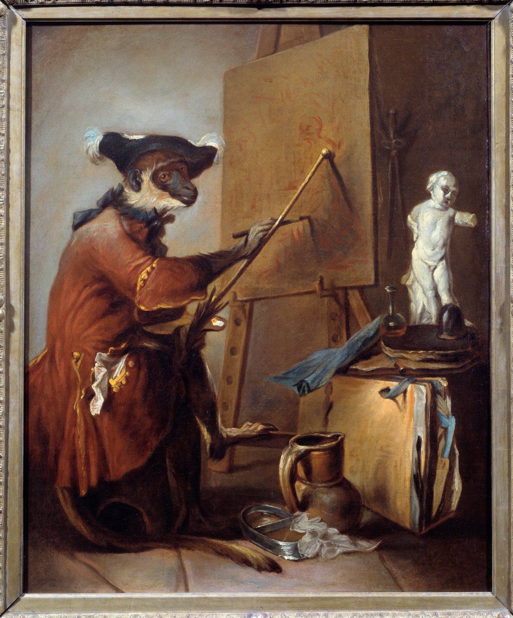 Ressam maymun. İnsan duruşunda bir maymunun temsili. Jean Baptiste Simeon Chardin'in (1699-1779) tablosu by Jean Baptiste Simeon Chardin
