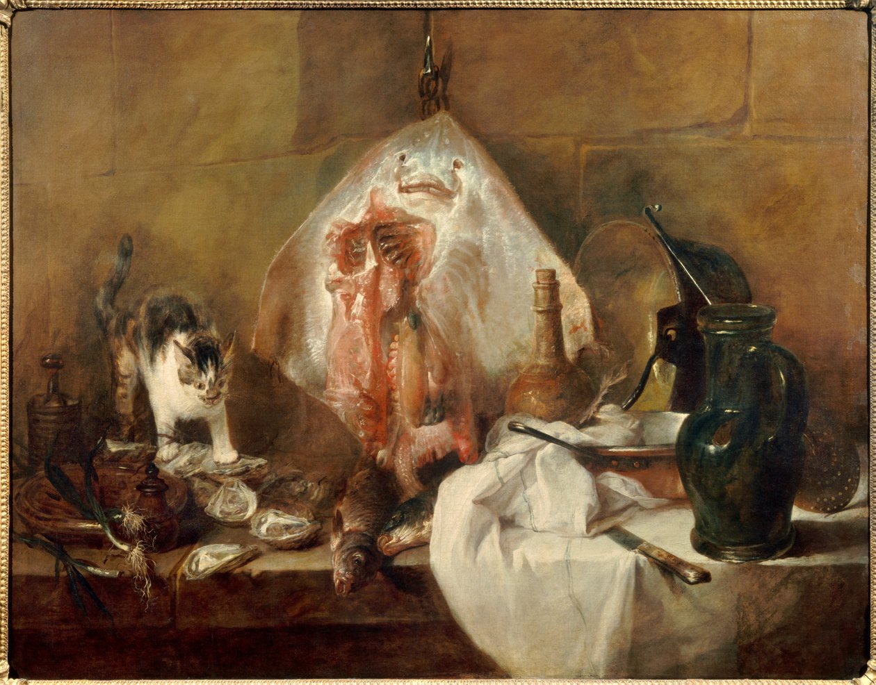 Balık, istiridye, sürahinin natürmort pateni. Jean Baptiste Simeon Chardin (1699-1779) 1727 Sun tarafından tablo. 1,14 x 1,46 m Paris. Louvre müzesi by Jean Baptiste Simeon Chardin