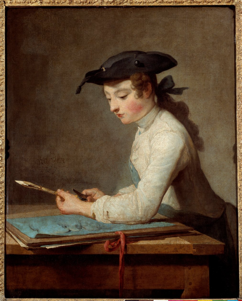 Kalemini oyma genç karikatürist. Jean Baptiste Simeon Chardin