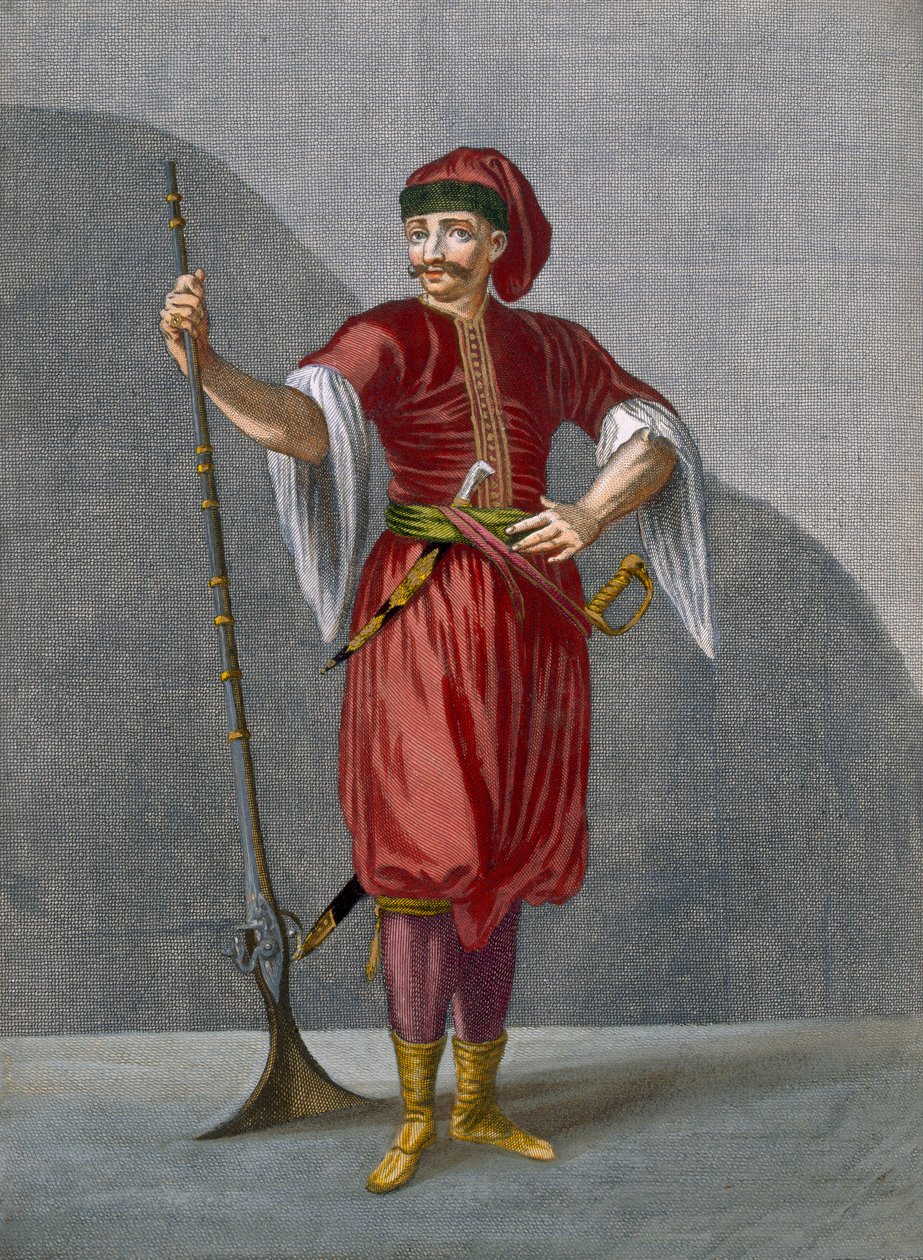 Bir Arnavut Askeri, Charles de Ferriol'un "Levant'ın Farklı Uluslarını Temsil Eden Yüz Baskı Koleksiyonu"ndan 78 numaralı levha, Gerard Scotin (1671-1716), 1707-08 (renkli e by Jean Baptiste Vanmour