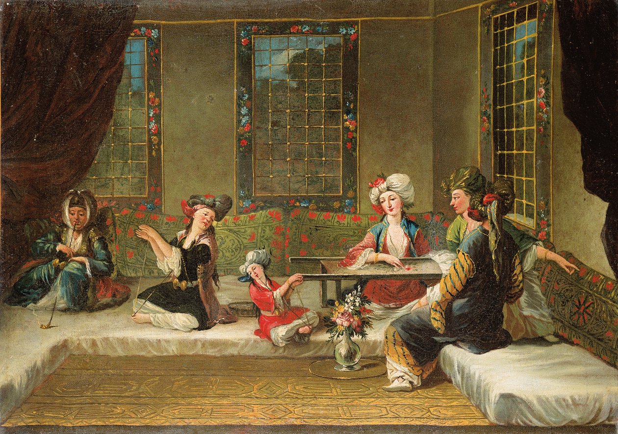 Bir iç mekanda nakış işleyen Ermeni kadınlar by Jean Baptiste Vanmour