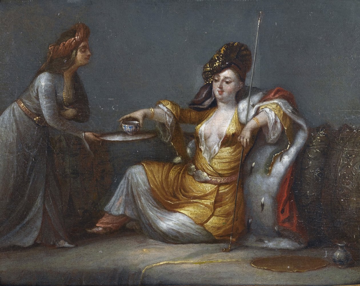 ""Sultan kahvesini içiyor"" (Sultana kahve içiyor) Jean Baptiste (Jean-Baptiste) Vanmour (Van Mour) okulundan tablolar (1671-1737) Özel koleksiyon by Jean Baptiste Vanmour