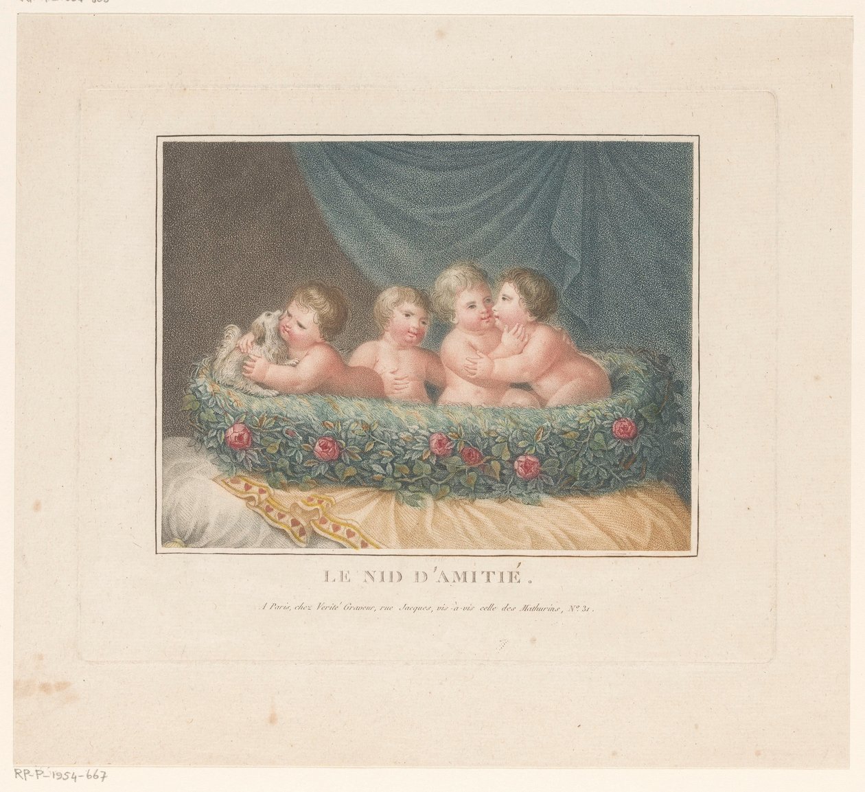 Bir yastık üzerinde gül sepeti içinde bir köpekle dört putti Le Nid d'Amitié (nesnenin başlığı) by Jean Baptiste Verite