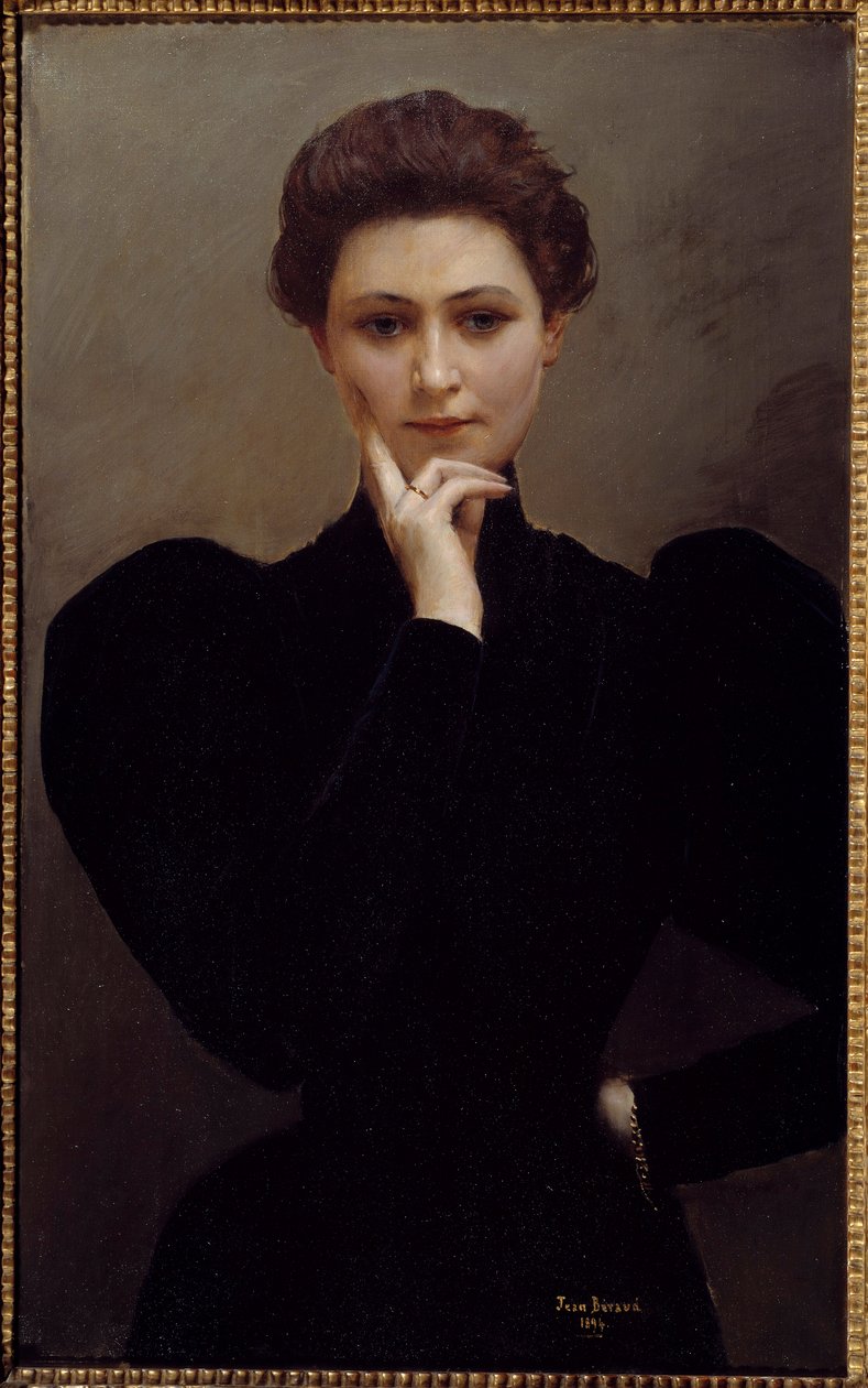 Meditasyon Belle Epoque modasına bürünmüş dalgın bir genç kadın. Jean Beraud tarafından boyama by Jean Beraud