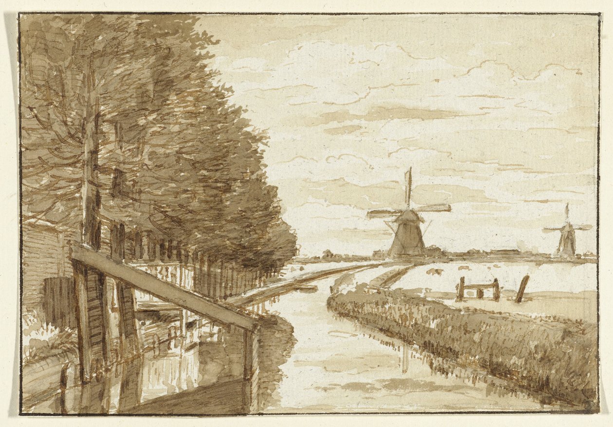 Bir kanal ve iki yel değirmeni ile manzara by Jean Bernard
