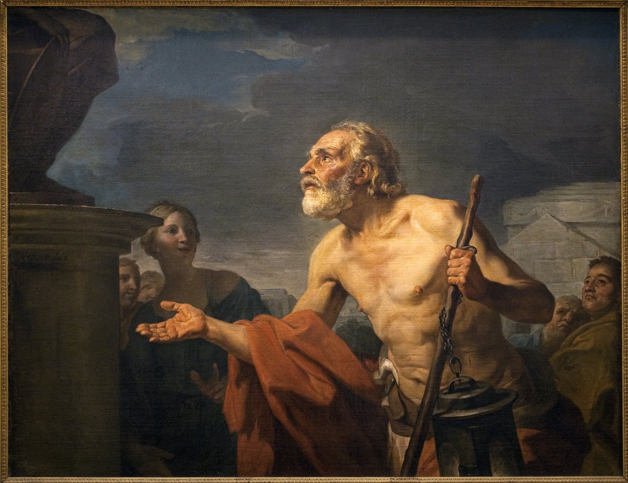 Diogene heykellere almon ister. (Sinope Diogene, alaycı olarak adlandırılır, MÖ 413 civarında - MÖ 327 civarında). Jean Bernard Restout (1732-1797), Tuval Üzerine Yağlıboya Tablo by Jean Bernard Restout