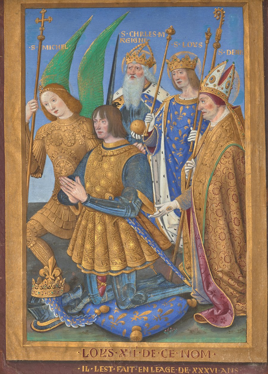 Fransa Kralı XII. Louis, Aziz Michael, Charlemagne, Louis ve Denis eşliğinde Duada Diz Çökmüş by Jean Bourdichon