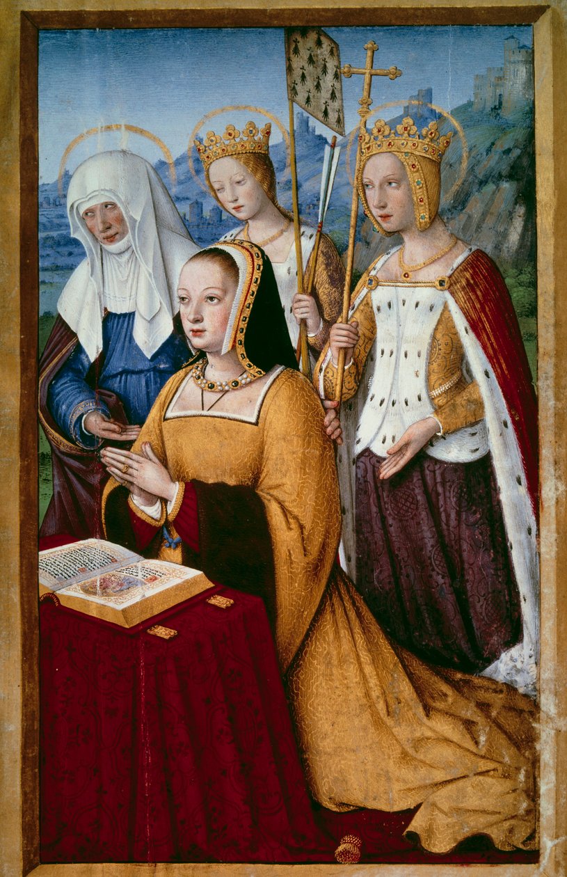 Portrait of Anne of Brittany (1477-1514), Queen of France, in prayer with her holy patron saint Saint Anne, Saint Helene and Saint Ursule Miniature taken from “The Great Hours of Anne of Brittany” by Jean Bourdichon (1457-1521) 1503-1508. Paris, B.N. by Jean Bourdichon