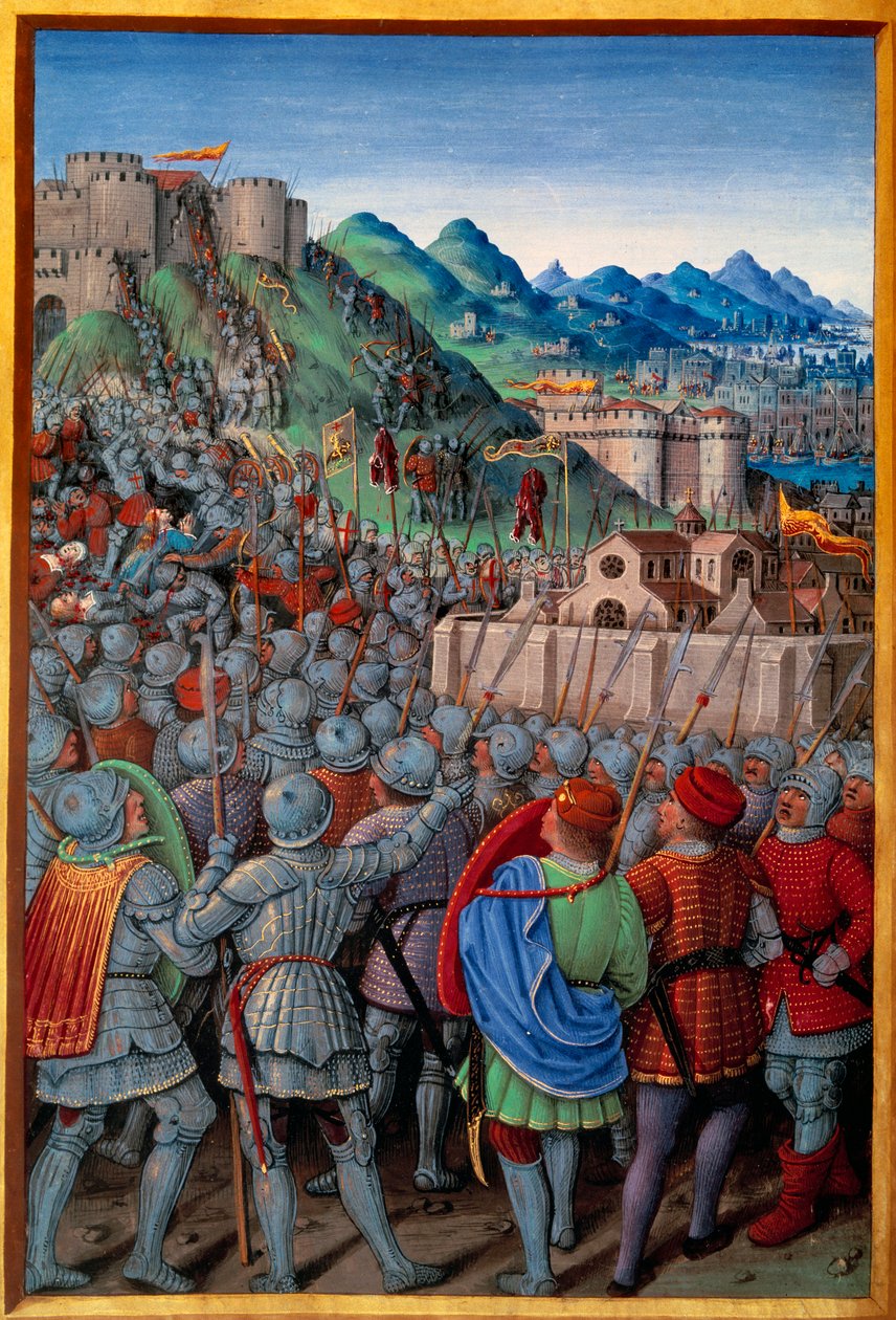 Genois, Fransızlar tarafından Castellacio de Genes muhafızına saldırdı (12 Mart 1507). Jean Marot tarafından yazılmış “” Voyage de Genes” (Folio 20v) içindeki Jean Bourdichon (1457? - 1521) minyatürü, v.1508. Paris, Hollanda by Jean Bourdichon